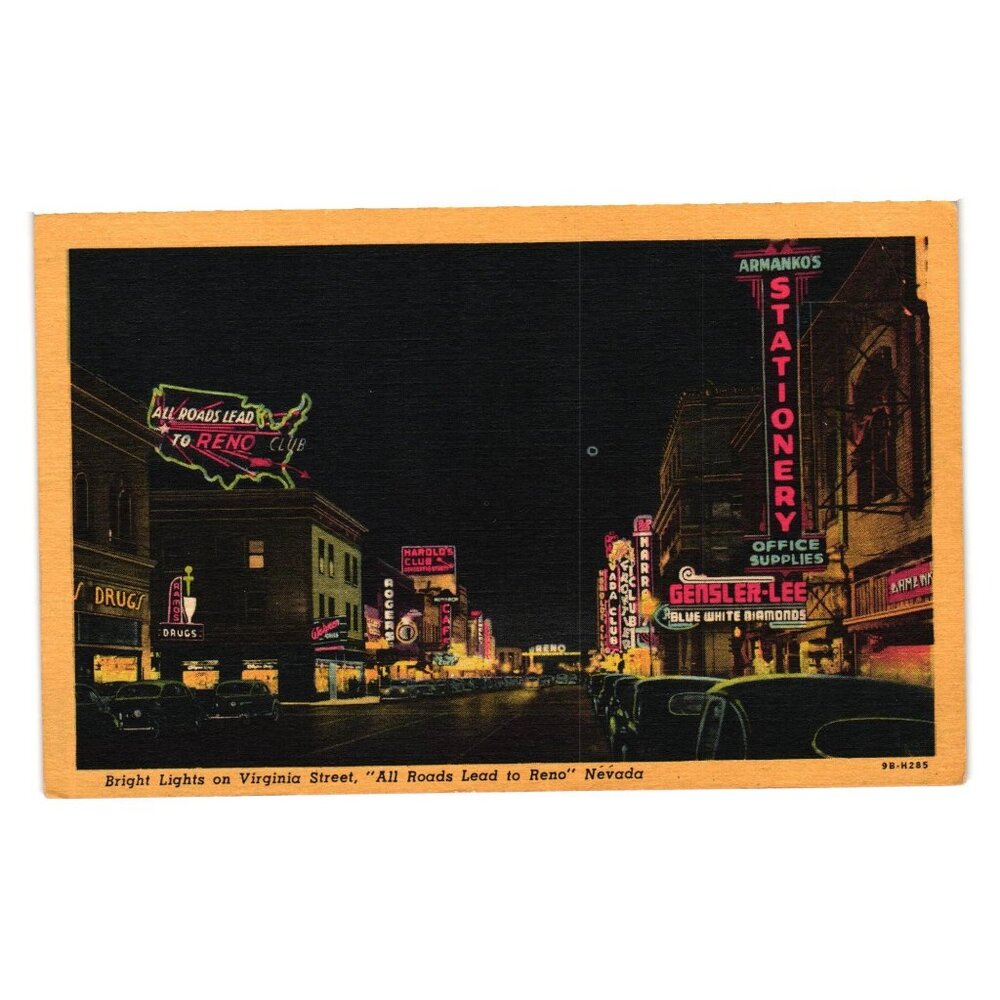 Vintage Postcard Bright Lights On Virginia Street Nevada All Roads Lead To Reno